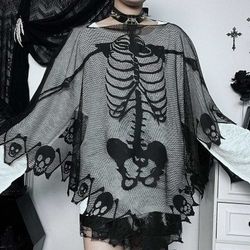 Gothic-Umhang aus Netzstoff mit unregelmäßigem Totenkopf-Print für Damen